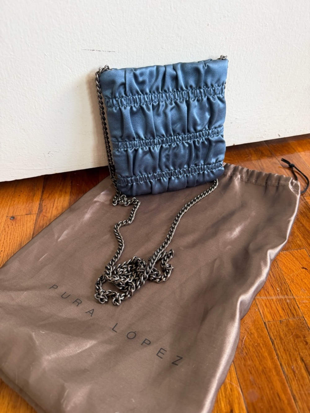 Pura Lopez Steel Blue Satin Ruched Chain Crossbody
